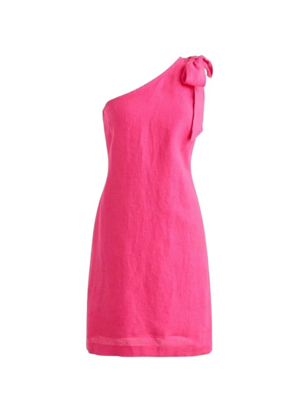 J Crew Linen One-Shoulder Pink Shift Dress with Bow Women's Size Medium